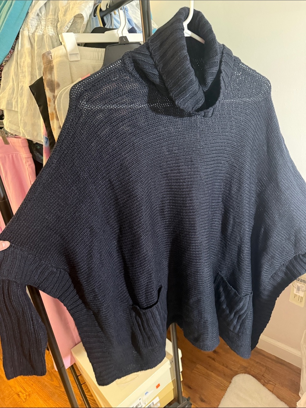 Women's Navy Turtleneck Knit Poncho Sweater